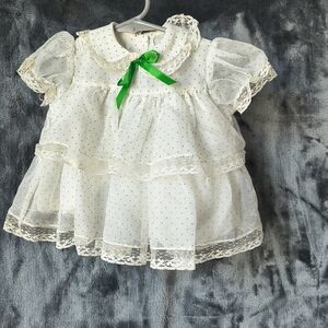 White Lace Baby Dress with Green Bow Newborn